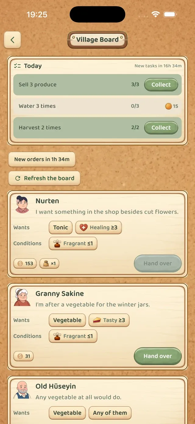 Fill the village orders — Earn coins and fertiliser.